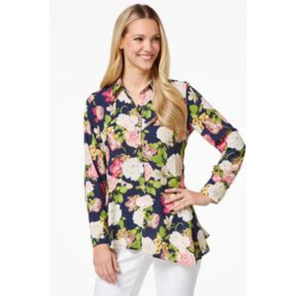 Cato Top Blue Floral Button Down Long Sleeve Asymmetrical - Picture 2 of 11